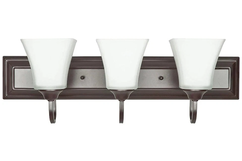 Tocador Sunset Lighting 3 luces 13W con acabado cuadrado de vidrio de leche acabado bronce aceitado Foto 2 de 2