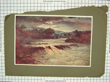 Original Old Antique Print Colour Waterfall River Trees Mountains