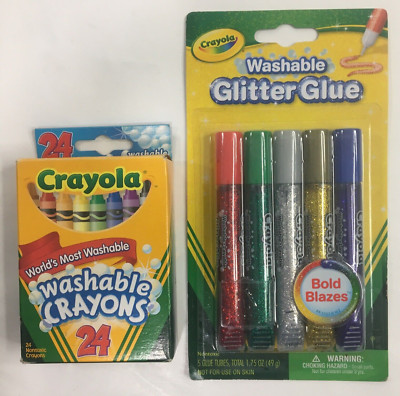 Crayola Washable Glitter Glue Pens .35 Ounce 5/Pkg & 24 Mess Free Crayons Bundle