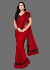 Solid/Plain Daily Wear Lycra Blend Saree  Red 