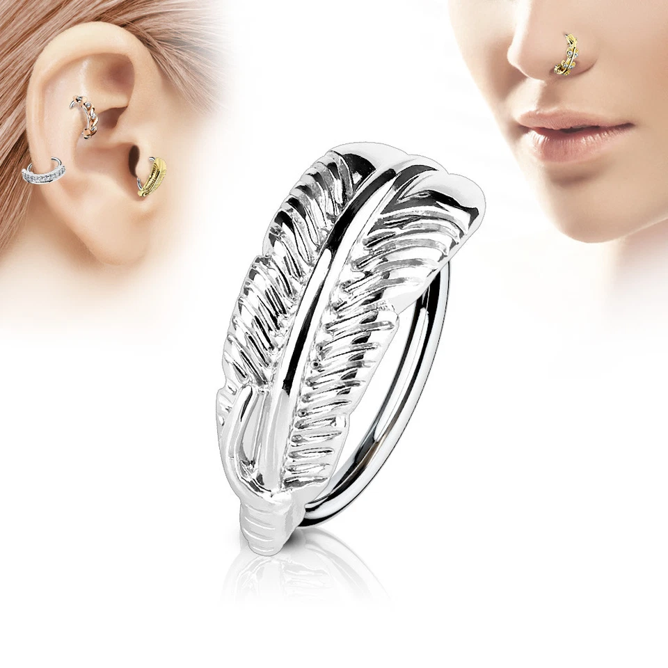 Feather Crawler Ear Cartilage Earrings Daith Tragus Helix Hoop Nose Rings - Image 4 of 4