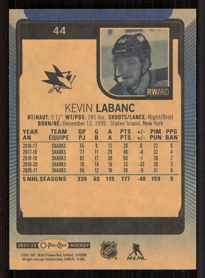 2021-22 O-Pee-Chee Blue #44 Kevin Labanc - Image 2 of 2