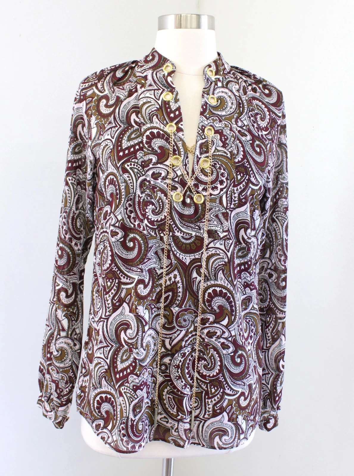 Camicetta tunica Michael Kors stampa paisley catena pizzo collo taglia XS oliva