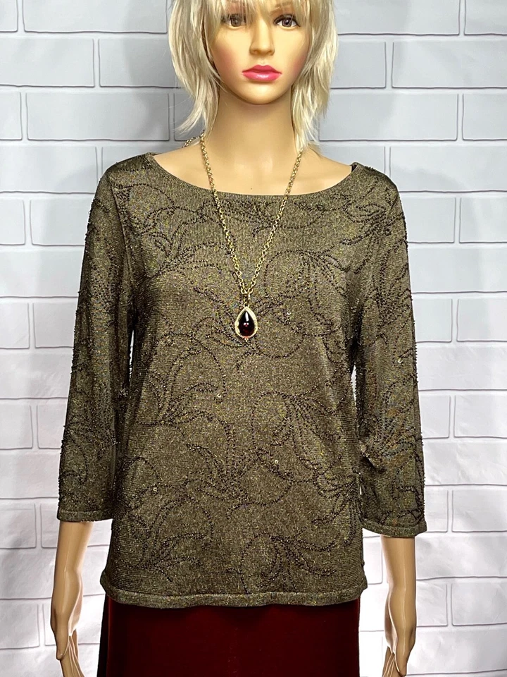 Carmen Marc Valvo Collection Gold Fancy Beaded Formal 3/4 Sleeve Top Blouse L - Image 2 of 4