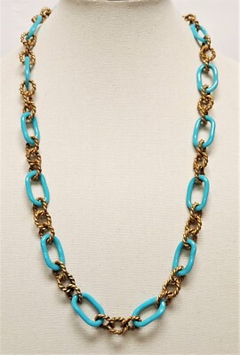 Miriam Haskell Twisted Gold Tone & Turquoise Lucite Link Necklace 30'' Vintage