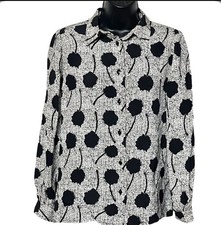 VINTAGE 100 SILK FLORAL PRINT BLOUSE 1980s 1990s BLACK  WHITE RETRO CLASSIC 8