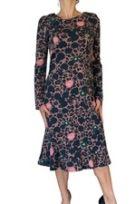 PS PAUL SMITH DRESS BATEAU STRETCH BROWN FLORAL LONG SLEEVE MIDI RUFFLE HEM 42 6