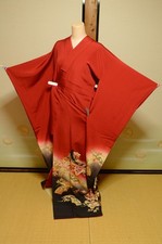 Furisode Silk Kimono Women Japanese Vintage Red Robe Princess 163cm 819