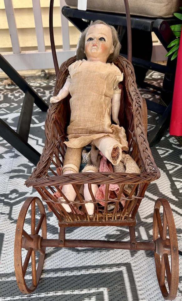 Paper Mache Shoulder Head Doll, Glass Eyes, Straw Body, Late 1800s SPOOKY.AS IS - Image 3 of 4