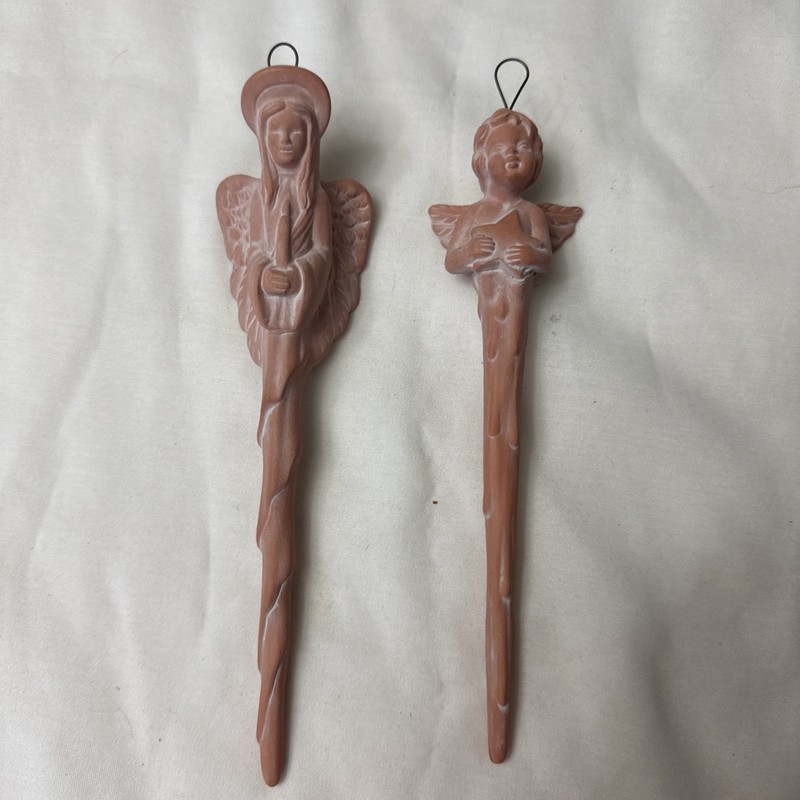 Pair of Vintage Terracotta Angel Themed Icicle Shaped Christmas Ornaments