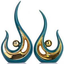 Teal Home Decor,Green and Gold Couple Sculpture,Green Ceramic Statues,Teal Mo...