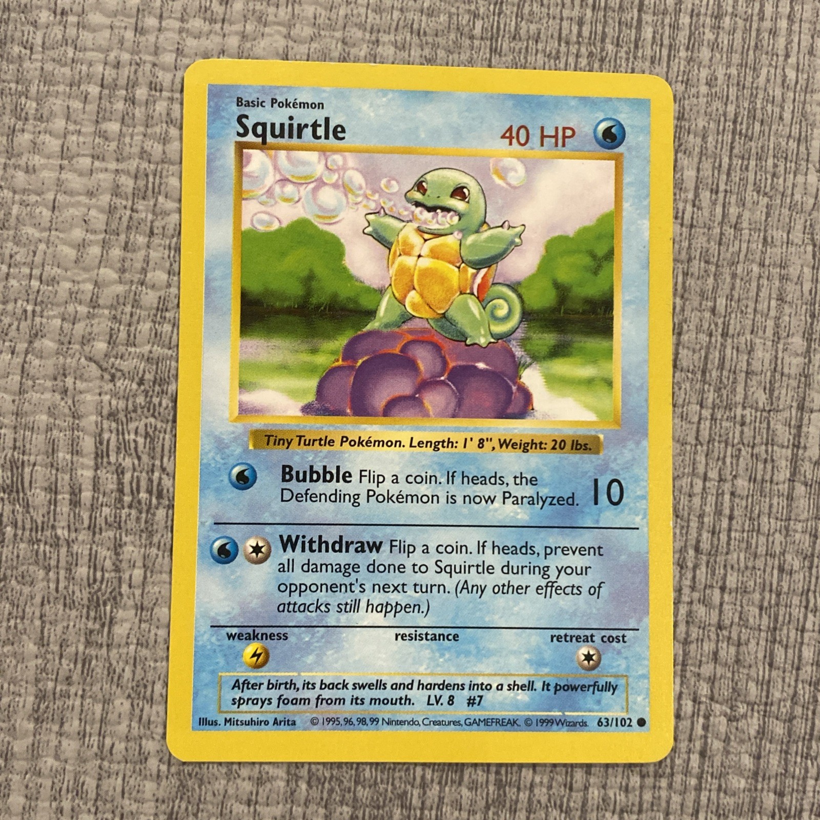 Squirtle 63/102 Base Set Common Regular Shadowless 1999 WOTC Pokemon TCG MP