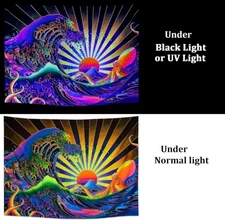 Blacklight Psychedelic Great Wave Octopus UV Wall Hanging Japanese Sunset Ocean