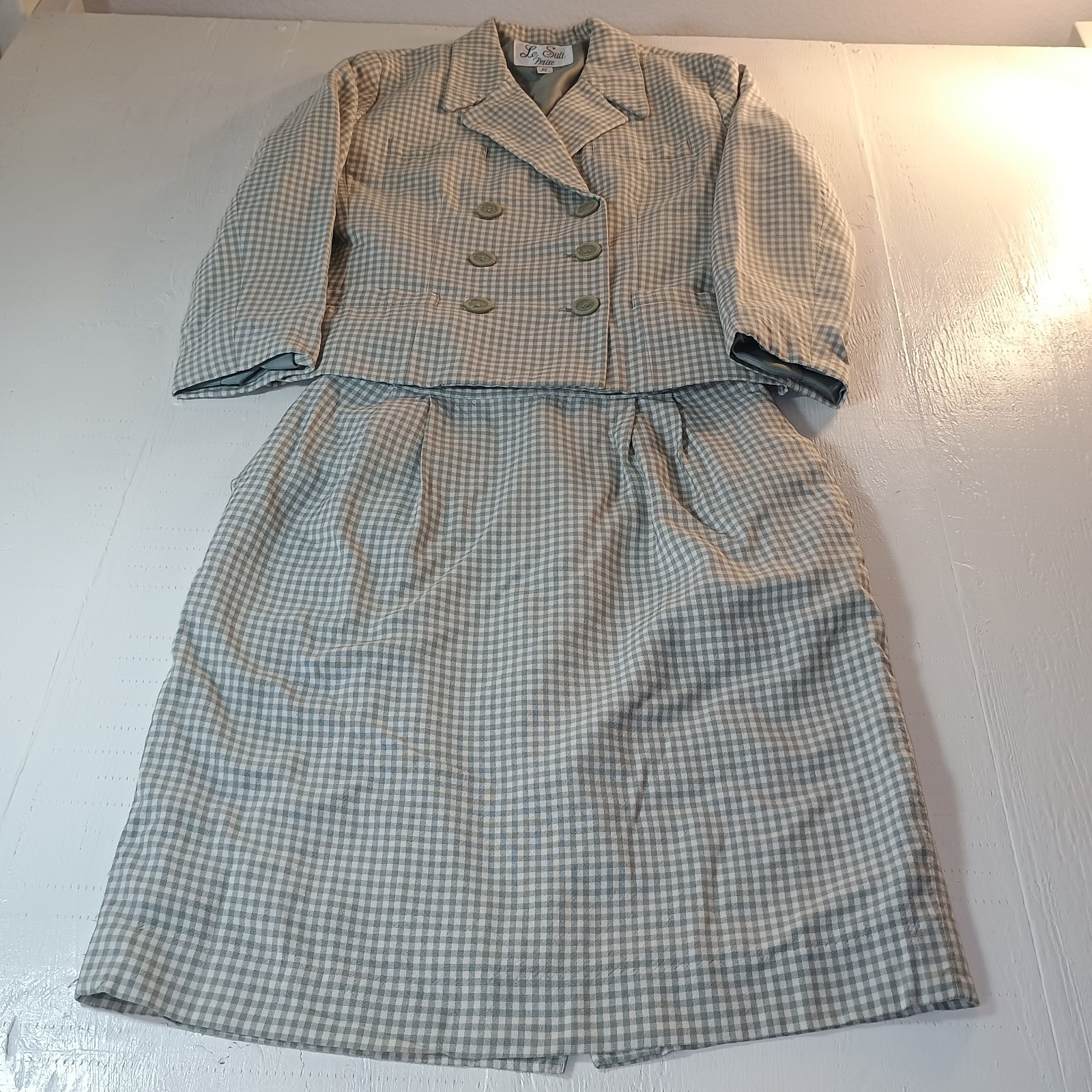 Le Suit Petite 2 Pc Suit Jacket(8P), Skirt(10P) Lined Green/White Checker Career