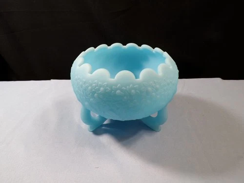 Fenton Blue Satin Glass Orange Tree Footed Rose Bowl Vase