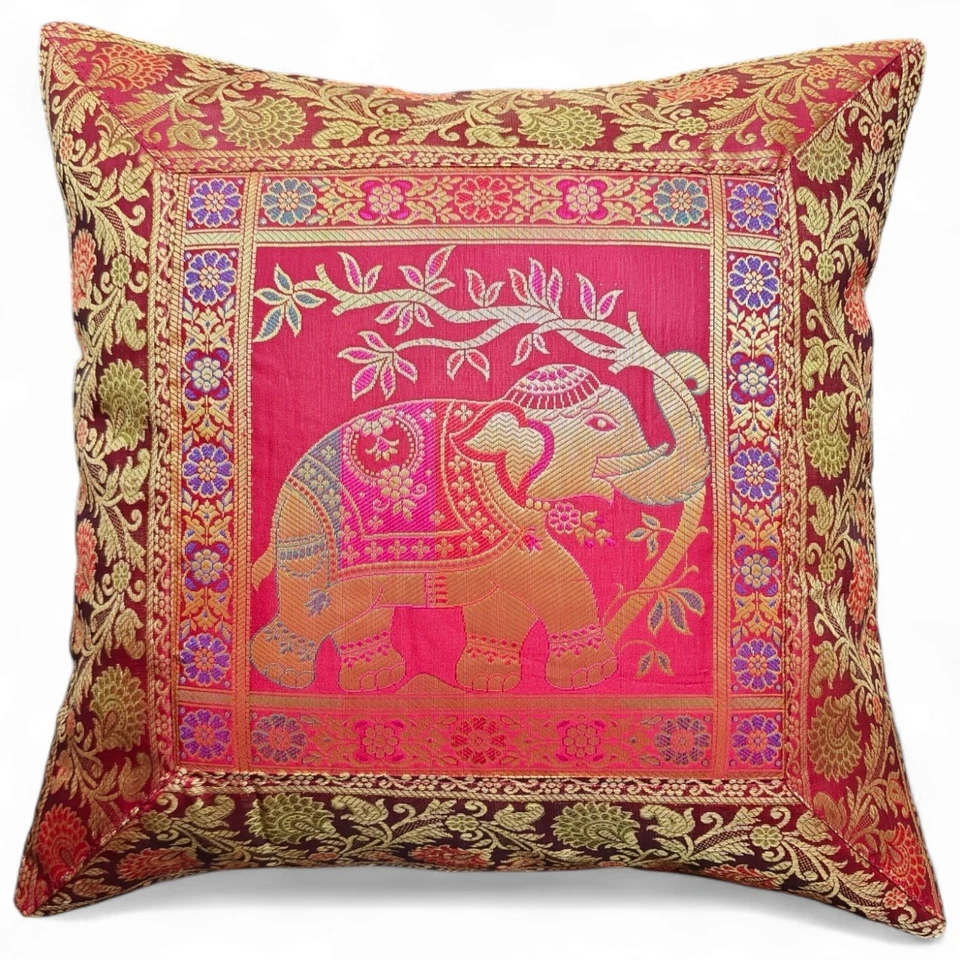 Indian Brocade Elephant Cushion Cover – Decorative Silk Throw Pillow Case, 16x16 - Image 3 of 4