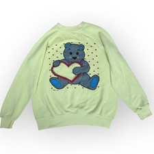 Bassett-Walker Vintage 1989 Teddy Bear Heart Sweatshirt Large Yellow Made in USA