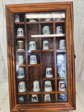 Vintage Thimbles & Wood Case Glass Door Lot of 25 Cities Tourist Attractions