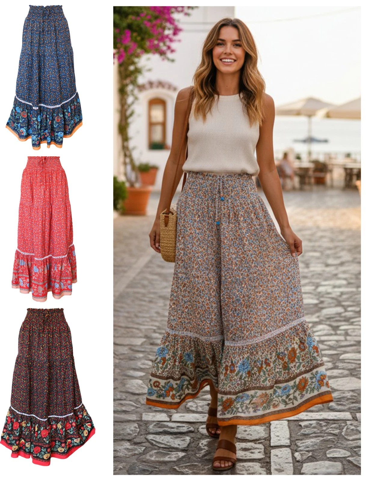 Womens Folk Long Skirt Smocked Waist Floral Ruffle Hem Bohemian Gypsy Skirt
Opens in a new window or