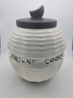 McCoy Ceramic Cookie Jar w/ Handle Lid, White w/ Black Lid, Round, 5 oz — photo 1