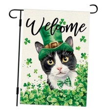 Welcome St Patricks Day Cat Garden Flag Shamrocks Clovers Tuxedo Cat Flag