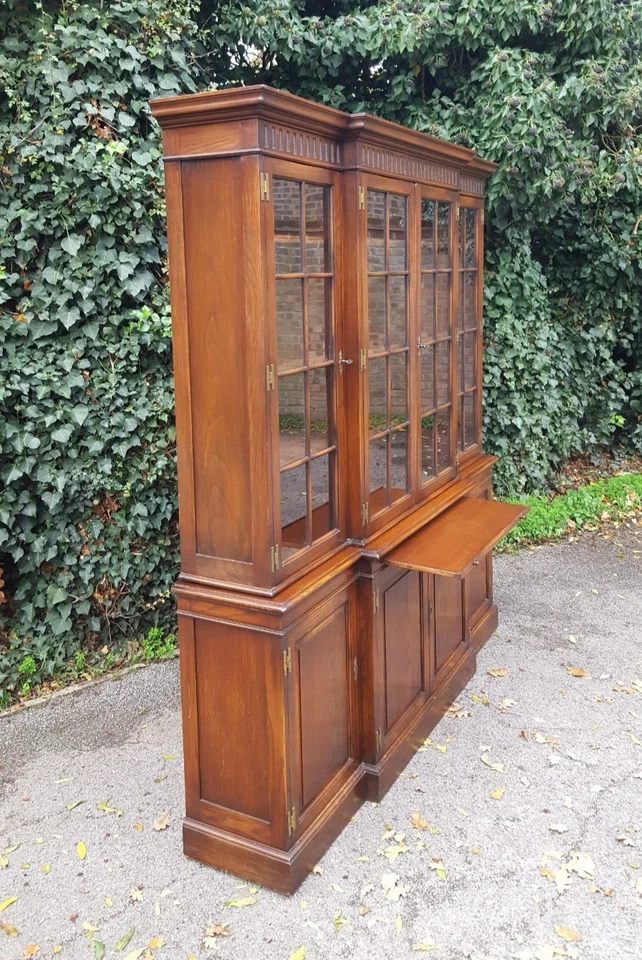 ANTIQUE SOLID OAK BREAKFRONT LIBRARY BOOKCASE PAIR AVAILABLE - Image 4 of 4