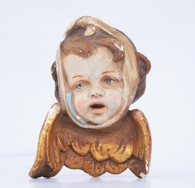 Antiker Barocker Gips Engel Putti geflügelter Cherub bemalt Ornament 19. Jh.
