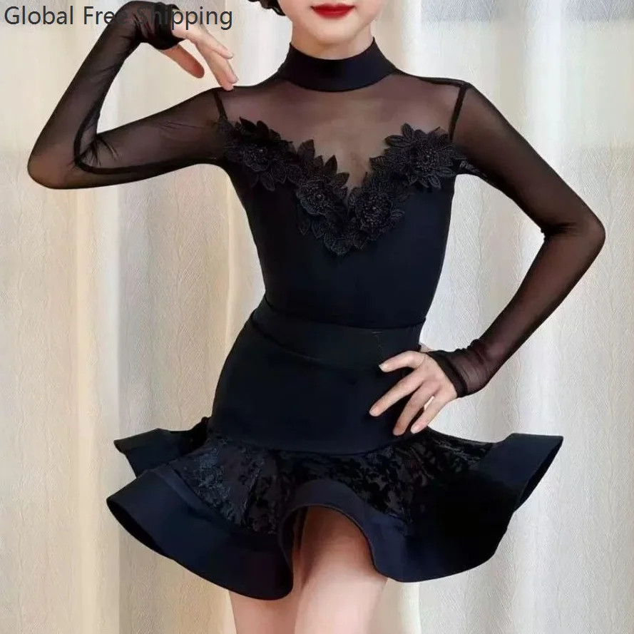 Vestido de baile latino negro niñas cuello alto manga larga ropa de baile niños