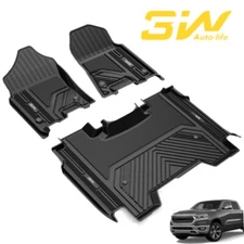 3W Floor Mats For 2019-2024 Without Storage Dodge Ram Crew Cab All Weather Liner