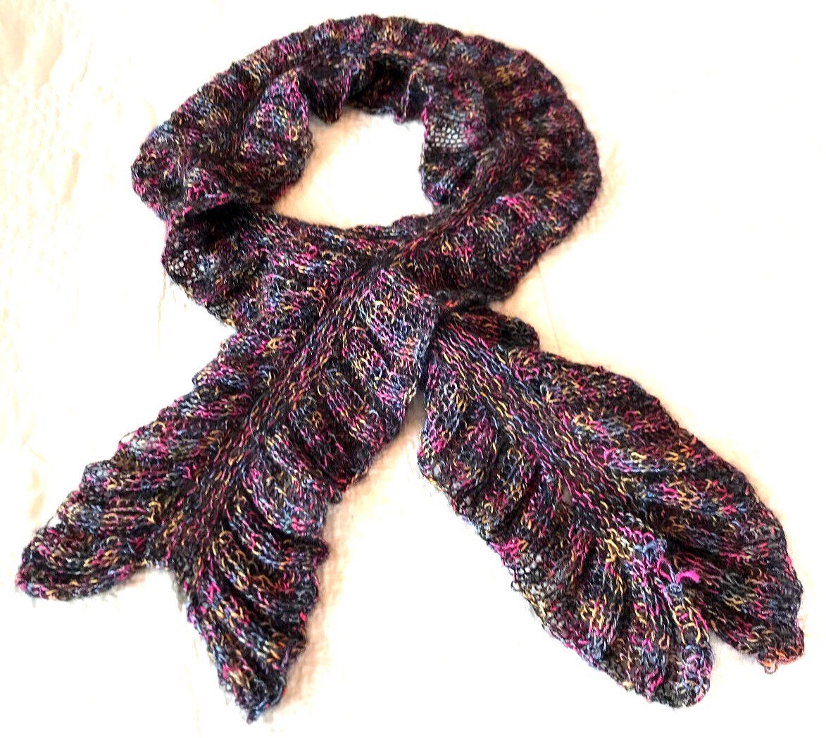Black Hand-Knitted Scarf with Multi-Color Feminine Frilly Dressy Design-image