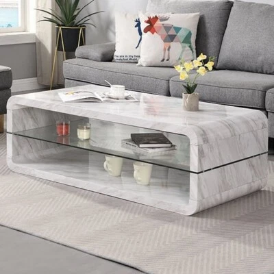 FURNITURE IN FASHION Xono High Gloss Coffee Table With Shelf In Magnesia Marble Effect