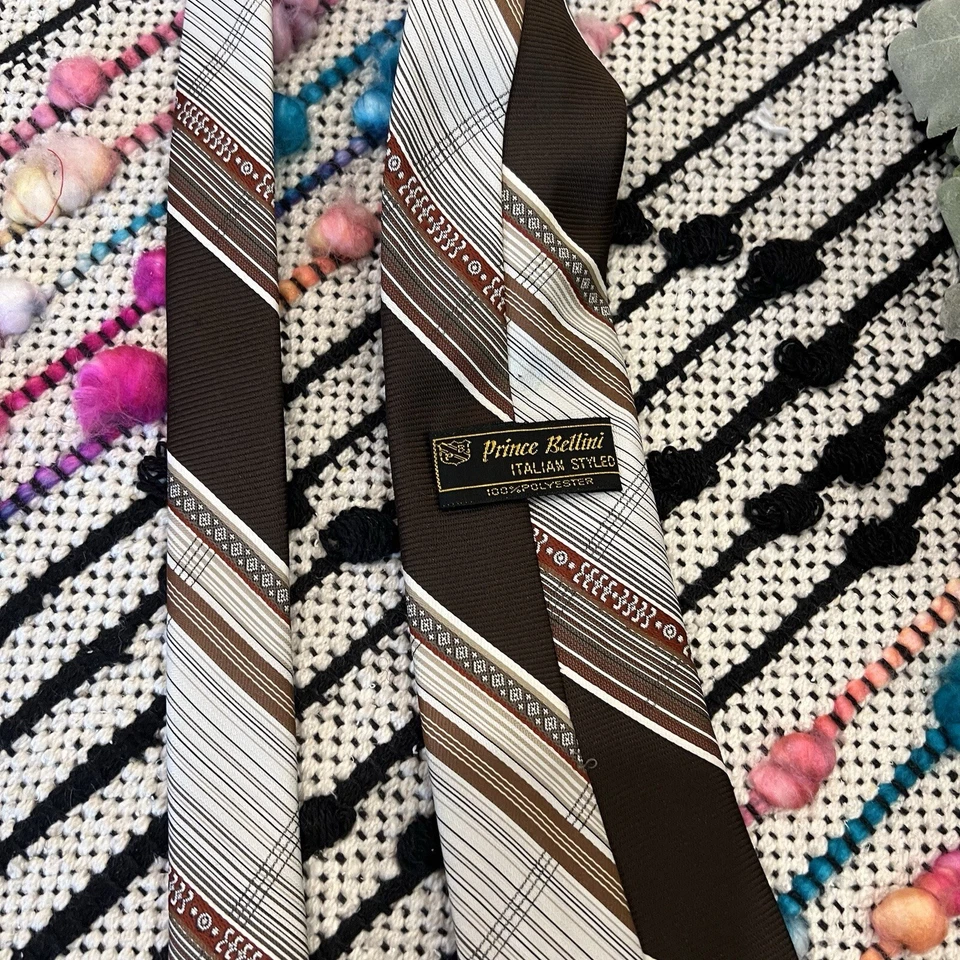 Corbata Prince Bellini Vintage Estilo Italiano Marrón Tostado Rojo Óxido Rayas Poliéster Foto 3 de 4