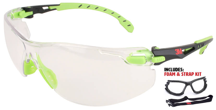 3M Solus Safety Glasses with Green Temples, Clear Anti-Fog Lens