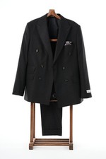 Mens Premium Double Breasted Suit Slim Fit Italian Style Punto Stitching Black