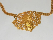 Vintage Signed Designer Lucien PICCARD Gold Tone Egyptian Revival  Necklace