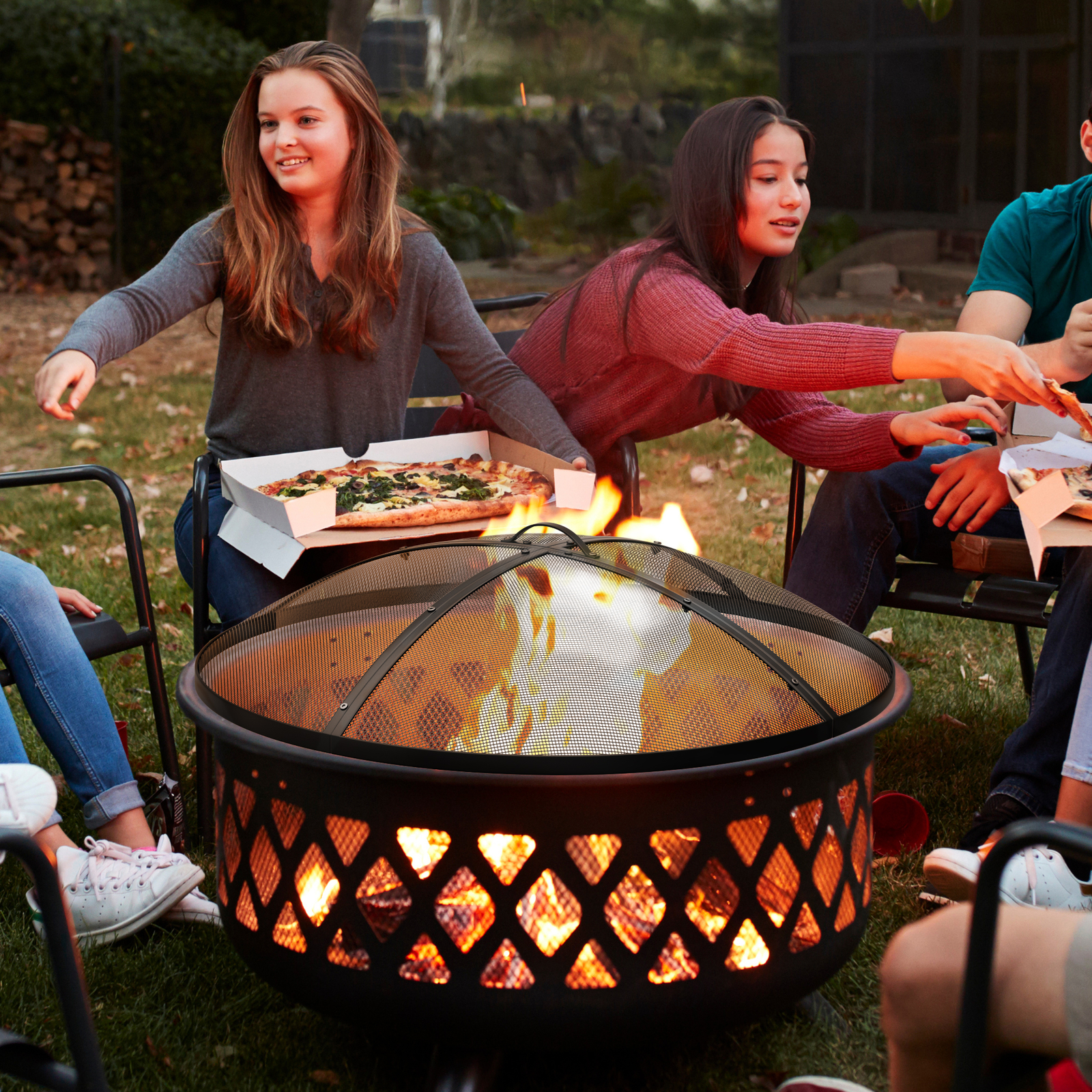 TAUS 36" Round Metal Fire Pit Spark Screen Outdoor HeavyDuty Fire Pits