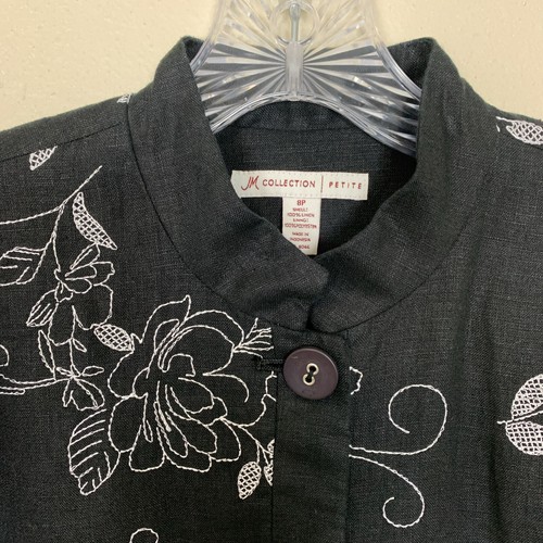 JM Collection Womens Jacket 8 Petite Linen NEW Black Floral Embroidered Shacket - Picture 5 of 15