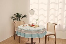 Aqua Color Printed Floral Tablecloth with White Cherry Blossoms Sakura Flowers.
