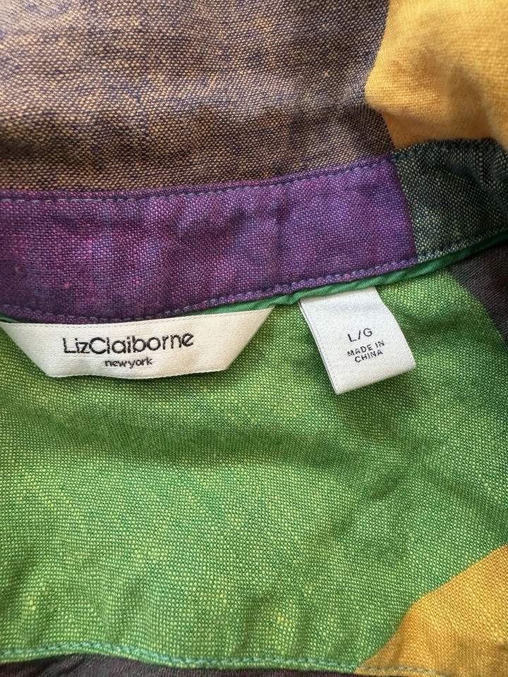 Camisa vintage Liz Claiborne para mujer con botones L/G bloque de color blusa lino algodón Foto 3 de 4