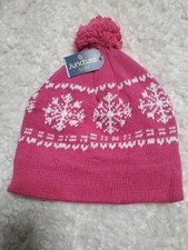 Winter Hat Pink/ White Snowflake Beanie Lined Snow Hat One Size