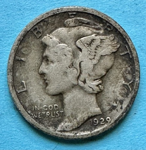 1929 Mercury Dime. 90% Silver. Fine Condition. Charity Auction/Animal Rescue.