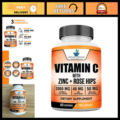 Vitamin C 2000mg, Zinc 40mg & Rose Hips 50mg - Vegan, Gluten Free, Non-GMO (120
