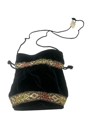 Talbots vintage Black Velvet Drawstring Bag Floral Tapestry Trim Evening 