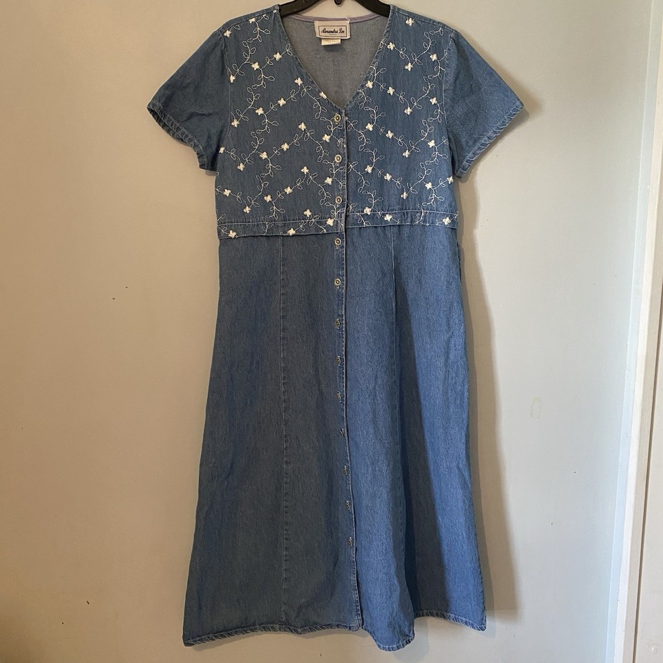 Alexandra Lee Petite Denim Floral Embroidered Maxi Dress Cottagecore Folk 90s L