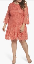 Eliza J Coral Red Lace Knee Length A-Line Dress Women's 16W 3/4 Sleeve Lined