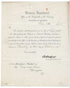 1872 Comptroller Of The Currency - Treasury Dept. - Division Of Reports Letter