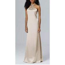 AW BRIDAL 2 XS champagne Serena satin formal bridesmaid maxi dress NEW b69