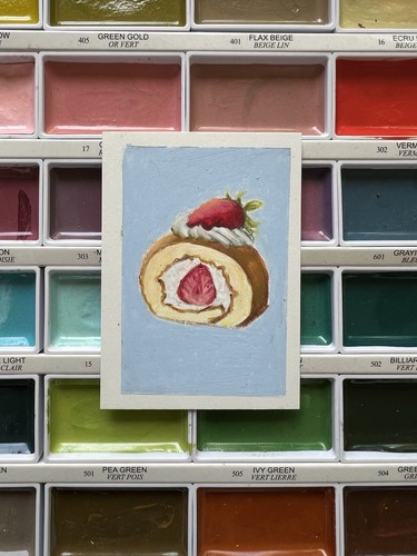 ACEO Original Oil Pastel cake slice OOAK Signed Painting By Narcissa Ford 