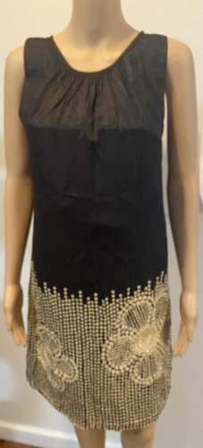 ARMAND BASI black shift dress with beige floral sequin embellishment SZ 36