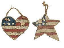 PATRIOTIC 4.5" ORNAMENTS WOOD HEART STRIPES STARS JULY 4TH SET OF 2 FREE SHIP